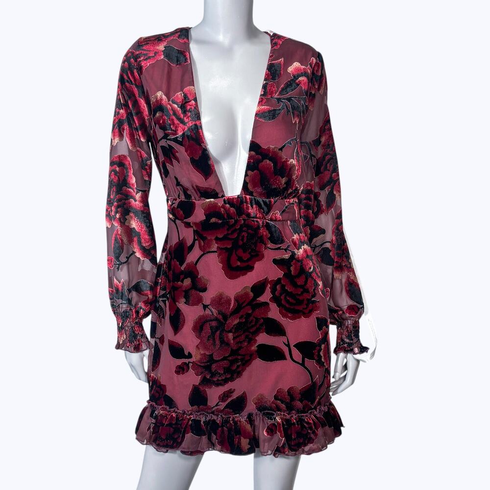 Missguided Women Burgundy Black Floral Burnout Velvet V Neck Mini Tea Dress‎ 6